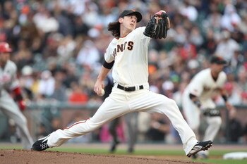 SAN FRANCISCO - AUGUST 01:  Tim Lincecum #55 of the San Francisco Giants pitches against the Philadelphia Phillies during a Major League Baseball game at AT&T Park on August 1, 2009 in San Francisco, California.  (Photo by Jed Jacobsohn/Getty Images)