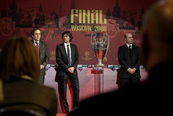 MOSCOW, RUSSIA - APRIL, 3: (L-R) French football legend and current UEFA president Michel Platini, Brazilian footballer Leonardo, Administrative Director of AC Milan Umberto Gandini attend the Chapions League trophy presentation on April 3, 2008 in Moscow