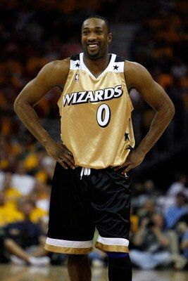 CLEVELAND - APRIL 19:  Gilbert Arenas #0 of the Washington Wizards smiles in the game against the Cleveland Cavaliers in Game One of the Eastern Conference Quarterfinals during the 2008 NBA Playoffs on April 19, 2008 at Quicken Loans Arena in Cleveland, O