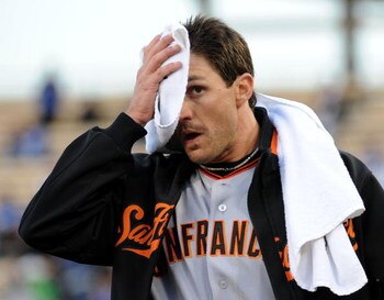 LOS ANGELES, CA - APRIL 16:  Barry Zito #75 of the San Francisco Giants makes his way to the pitchers mound before the game against the Los Angeles Dodgers at Dodger Stadium on April 16, 2009 in Los Angeles, California.  (Photo by Harry How/Getty Images)