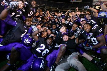 SAN DIEGO, CA - DECEMBER 23:  Head Coach Gary Patterson of the TCU Horned Frogs and his team celebrate their 17-16 win over Boise State Broncos during the San Diego County Credit Union Poinsettia Bowl at Qualcomm Stadium on December 23, 2008 in San Diego,