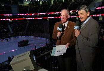 NEWARK, NJ - FEBRUARY 08:  (L-R) Broadcasters Doc Emerick and Glenn 'Chico' Resch prepare for the NHL game between the Anaheim Ducks and the New Jersey Devils on February 8, 2008 at the Prudential Center in Newark, New Jersey.  (Photo by Bruce Bennett/Get