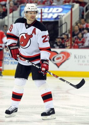 RALEIGH, NC - APRIL 26: Patrik Elias #26 of the the New Jersey Devils skates as he waits for a face-off in the first period of Game Six of the Eastern Conference Quarterfinals of the 2009 Stanley Cup Playoffs against the Carolina Hurricanes on April 26, 2