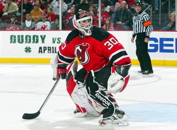 NEWARK, NJ - APRIL 11:  Martin Brodeur #30 of the New Jersey Devils skates against the Carolina Hurricanes at the Prudential Center on April 11, 2009 in Newark, New Jersey. The Devils defeated the Hurricanes 3-2.  (Photo by Jim McIsaac/Getty Images)