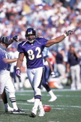 22 Oct 2000:  Shannon Sharpe #82 of the Baltimore Ravens walks on the field as he signals the direction of the ball during the game against the Tennessee Titans at the PSINET Stadium in Baltimore, Maryland. The Titans defeated the Ravens 14-6.Mandatory Cr