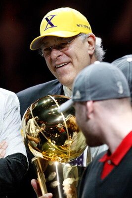 ORLANDO, FL - JUNE 14:  Head coach Phil Jackson of the Los Angeles Lakers holds up the Larry O'Brien trophy after the Lakers defeated the Orlando Magic 99-86 in Game Five of the 2009 NBA Finals on June 14, 2009 at Amway Arena in Orlando, Florida.  NOTE TO