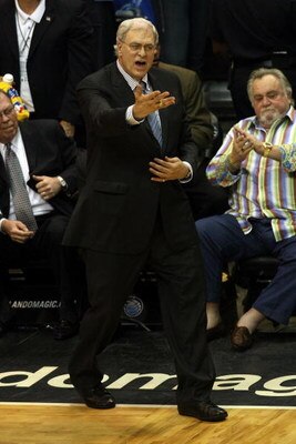 ORLANDO, FL - JUNE 09:  Head coach Phil Jackson of the Los Angeles Lakers reacts from the court in the fourth quarter in Game Three of the 2009 NBA Finals against the Los Angeles Lakers on June 9, 2009 at Amway Arena in Orlando, Florida.  NOTE TO USER:  U