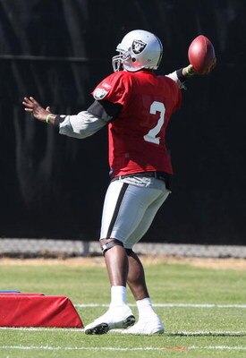 NAPA, CA - AUGUST 05:  JaMarcus Russell #2 practices during the Oakland Raiders Training Camp at the Napa Valley Marriott on August 5, 2009 in Napa, California.  (Photo by Jed Jacobsohn/Getty Images)
