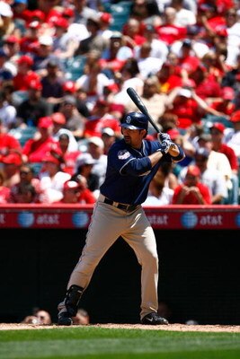 ANAHEIM, CA - JUNE 14:  Adrian Gonzalez #23 of the San Diego Padres bats against the Los Angeles Angels of Anaheim at Angel Stadium on June 14, 2009 in Anaheim, California. The Angels defeated the Padres 6-0.  (Photo by Jeff Gross/Getty Images)