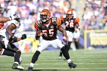 BALTIMORE - SEPTEMBER 7: Linebacker Keith Rivers #55 of the Cincinnati Bengals looks to make a tackle against # of the Baltimore Ravens at M&T Bank Stadium on September 7, 2008 in Baltimore, Maryland. The Ravens won 17-10. (Photo by Ned Dishman/Getty Imag