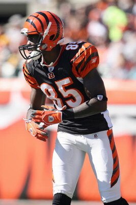 CINCINNATI - OCTOBER 19:  Chad Johnson #85 of the Cincinnati Bengals gets ready on the field during the NFL game against the Pittsburgh Steelers at Paul Brown Stadium on October 19, 2008 in Cincinnati, Ohio.  (Photo by Andy Lyons/Getty Images)