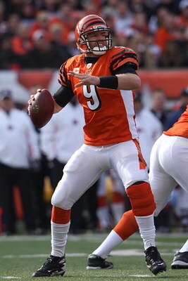 CINCINNATI - NOVEMBER 25:  Carson Palmer #9 of the Cincinnati Bengals fades back to pass during the NFL game against the Tennessee Titans at Paul Brown Stadium on November 25, 2007 in Cincinnati, Ohio. (Photo by Andy Lyons/Getty Images)
