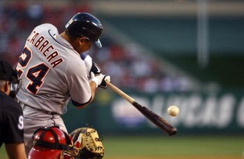 ANAHEIM, CA - APRIL 21:  Miguel Cabrera #24 of the Detroit Tigers swings at a pitch against the Los Angeles Angels of Anaheim at Angel Stadium on April 21, 2009 in Anaheim, California.  (Photo by Jeff Gross/Getty Images)