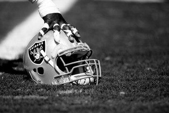 NAPA, CA - AUGUST 5: (EDITORS NOTE: THIS IMAGE HAS BEEN CONVERTED TO BLACK AND WHITE) A detail of a helmet during the Oakland Raiders Training Camp at the Napa Valley Marriott on August 5, 2009 in Napa, California. (Photo by Jed Jacobsohn/Getty Images)