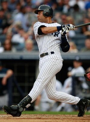 NEW YORK - AUGUST 08:  Derek Jeter #2 of the New York Yankees at bat during the game on August 8, 2009 at Yankee Stadium in the Bronx borough of New York City.  (Photo by Jared Wickerham/Getty Images)
