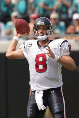 JACKSONVILLE, FL - SEPTEMBER 28:  Matt Schaub #8 of the Houston Texans passes the ball during the game against the Jacksonville Jaguars at Jacksonville Municipal Stadium on September 28, 2008 in Jacksonville, Florida.  (Photo by Sam Greenwood/Getty Images