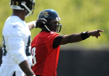 JACKSONVILLE, FL - MAY 1:  Quarterback David Garrard #9 of the Jacksonville Jaguars directs play May 1, 2009 at a team minicamp near Jacksonville Municipal Stadium in Jacksonville, Florida.  (Photo by Al Messerschmidt/Getty Images)