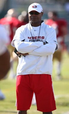 SANTA CLARA, CA - AUGUST 04:  Head coach Mike Singletary looks on during the 49ers training camp at their training facilities on August 4, 2009 in Santa Clara, California.  (Photo by Jed Jacobsohn/Getty Images)