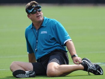 JACKSONVILLE, FL - MAY 1:  Coach Jack Del Rio of the Jacksonville Jaguars stretches during a team mini-camp on May 1, 2009 on the practice fields at Jacksonville Municipal Stadium in Jacksonville, Florida.  (Photo by Al Messerschmidt/Getty Images)