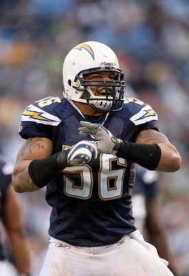 SAN DIEGO - NOVEMBER 25: Shawne Merriman #56 of the San Diego Chargers reacts to a tackle against the Baltimore Ravens en route to the Chargers's 32-14 win during their NFL Game at Qualcomm Stadium November 25, 2007 in San Diego, California. (Photo by D