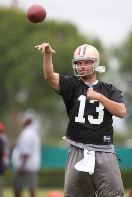SANTA CLARA, CA - MAY 01:  Quarterback Shaun Hill #13 of the San Francisco 49ers throws the ball during the 49ers Minicamp at their training facilities on May 1, 2009 in Santa Clara, California.  (Photo by Jed Jacobsohn/Getty Images)