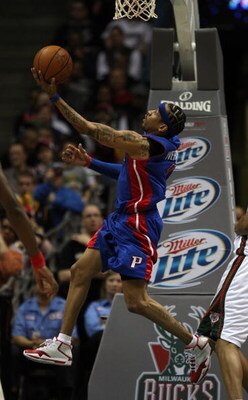 MILWAUKEE - FEBRUARY 07:  Allen Iverson #1 of the Detroit Pistons goes in for a reverse lay-up against the Milwaukee Bucks on February 7, 2009 at the Bradley Center in Milwaukee, Wisconsin. The Pistons defeated the Bucks 126-121 in overtime. NOTE TO USER: