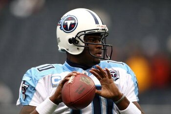 CHICAGO - NOVEMBER 09:  Vince Young #10 of the Tennessee Titans throws a pass during warm-ups against the Chicago Bears at Soldier Field on November 9, 2008 in Chicago, Illinois.  (Photo by Jonathan Ferrey/Getty Images)