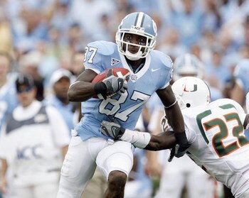 CHAPEL HILL, NC - OCTOBER 06: Brandon Tate #87 of the North Carolina Tar Heels carries the ball during game against the Miami Hurricanes at Kenan Stadium on October 6, 2007 in Chapel Hill, North Carolina. (Photo by Kevin C. Cox/Getty Images) 