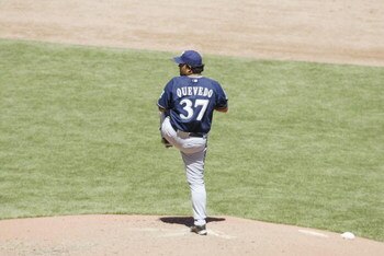 SAN FRANCISCO - APRIL 14 :  Pitcher Ruben Quevedo #37 of the Milwaukee Brewers winds up during the MLB game against the San Francisco Giants at Pac Bell Park in San Francisco, California on April 14, 2002. The Brewers won 4-3. (Photo by Jed Jacobsohn/Gett