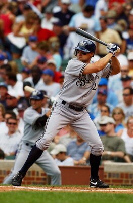 CHICAGO - JULY 16:  Scott Podsednik #20 of the Milwaukee Brewers bats during a game against the Chicago Cubs on July 16, 2004 at Wrigley Field in Chicago, Illinois.  The Brewers defeated the Cubs 3-2.  (Photo by Jonathan Daniel/Getty Images)