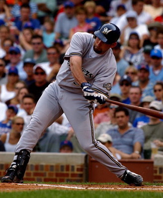 CHICAGO - JULY 16: Brooks Kieschnick #55 of the Milwaukee Brewers gets the game-winning hit in the seventh inning against the Chicago Cubs during a game on July 16, 2004 at Wrigley Field in Chicago, Illinois. The Brewers defeated the Cubs 3-2. (Photo by J