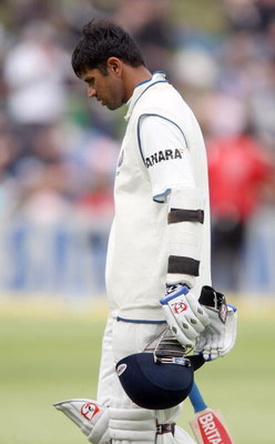 WELLINGTON, NEW ZEALAND - APRIL 05:    Rahul Dravid of India walks from the field after being caught out  during day three of the Third Test match between New Zealand and India at the Basin Reserve on April 5, 2009 in Wellington, New Zealand.  (Photo by M