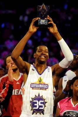 PHOENIX - FEBRUARY 13:  Kevin Durant #35 of the Sophomore team holds up the MVP trophy after the Sophomores won the T-Mobile Rookie Challenge & Youth Jam part of 2009 NBA All-Star Weekend at US Airways Center on February 13, 2009 in Phoenix, Arizona.  NOT