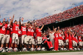 COLUMBUS, OH - SEPTEMBER 27: Ohio State Buckeyes' head coach Jim Tressel leads his team in the singing of the school's alma mater, Carmen Ohio, after the Buckeyes defeated the Minnesota Golden Gophers 34-21 on September 27, 2008 at Ohio Stadium in Columb