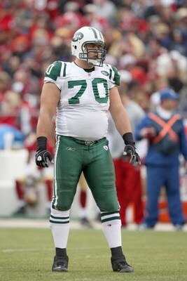 SAN FRANCISCO - DECEMBER 07:  Mike Devito #70 of the New York Jets stands on the field against the San Francisco 49ers during an NFL game on December 7, 2008 at Candlestick Park in San Francisco, California. (Photo by Jed Jacobsohn/Getty Images)