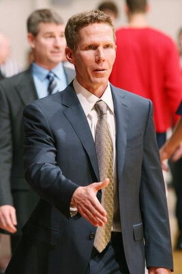 WESTCHESTER, CA - JANUARY 24: Head coach Mark Few of the Gonzaga Bulldogs greets the opposing coaching staff before the game against the Loyola Marymount Lions on January 24, 2009 at Gersten Pavilion in Westchester, California.  Gonzaga won 93-60.  The wi