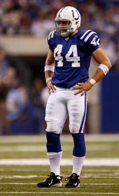 INDIANAPOLIS - NOVEMBER 16:  Dallas Clark #44 of the Indianapolis Colts reacts after a run against the Houston Texans during the game at Lucas Oil Stadium on November 17, 2008 in Indianapolis, Indiana.  (Photo by Harry How/Getty Images)