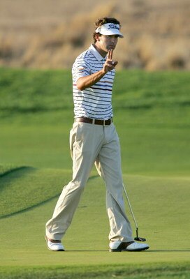LAKESIDE, CA - NOVEMBER 2:   Michael Letzig reacts to a birdie putt on the 16th green during the second round of the Nationwide Championship at Barona Creek Golf Course November 2, 2007 in Lakeside, California.  (Photo by Kent Horner/Getty Images)