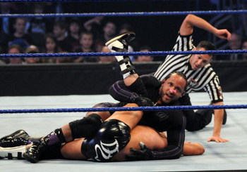 NEW YORK - APRIL 28: M.V.P. pins Dolph Ziggler during a match at WWE SmackDown at Madison Square Garden on April 28, 2009 in New York City. (Photo by George Napolitano/Getty Images)