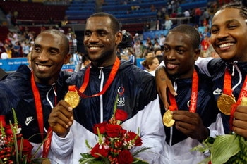 BEIJING - AUGUST 24:  (L-R) Kobe Bryant #10, LeBron James #6, Dwyane Wade #9  and Carmelo Anthony #15  of the United States hold up their medals after defeating Spain in the gold medal game during Day 16 of the Beijing 2008 Olympic Games at the Beijing Ol