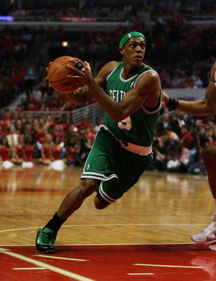 CHICAGO - APRIL 23: Rajon Rondo #9 of the Boston Celtics drives to the basket against the Chicago Bulls in Game Three of the Eastern Conference Quarterfinals during the 2009 NBA Playoffs at the United Center on April 23, 2009 in Chicago, Illinois. The Cel