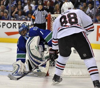 VANCOUVER, CANADA - MAY 2: Patrick Kane #88 of the Chicago Blackhawks takes a shot on Roberto Luongo #1 of the Vancouver Canucks during Game Two of the Western Conference Semifinals of the 2009 Stanley Cup Playoffs on May 02, 2009 at General Motors Place 