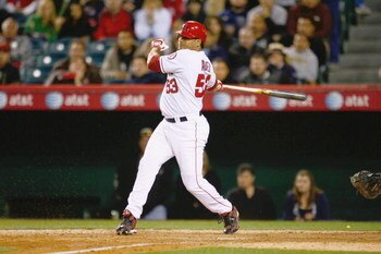 ANAHEIM, CA - APRIL 08:  Bobby Abreu #53 of the Los Angeles Angels of Anaheim swings at a pitch against the Oakland Athletics at Angel Stadium on April 8, 2009 in Anaheim, California. The Athletics defeated the Angels 6-4.  (Photo by Jeff Gross/Getty Imag