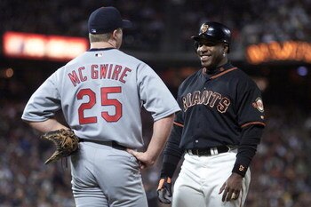 29 Jun 2001: Barry Bonds of the San Francisco Giants talks with Mark McGwire of the St. Louis Cardinals at Pac Bell Park in San Francisco, California.  <DIGITAL IMAGE> Mandatory Credit: Jed Jacobsohn/ALLSPORT