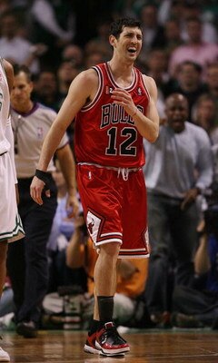 BOSTON - MAY 02:  Kirk Hinrich #12 of the Chicago Bulls reacts after a foul is called on him in the fourth quarter against the Boston Celtics in Game Seven of the Eastern Conference Quarterfinals during the 2009 NBA Playoffs at TD Banknorth Garden on May 