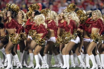 KANSAS CITY, MO - NOVEMBER 23: Cheerleaders of the Kansas City Chiefs perform on the field during the game against the Denver Broncos on November 23, 2006 at Arrowhead Stadium in Kansas City, Missouri. The Chiefs won, 19-10. (Photo by Brian Bahr/Getty Ima