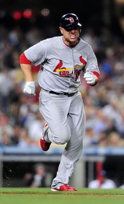 LOS ANGELES, CA - AUGUST 17: Matt Holliday #15 runs to first base after hurting his foot against  the Los Angeles Dodgers on August 17, 2009 in Los Angeles, California. The Cardinals defeated the Dodgers 3-2 (Photo by Jacob de Golish/Getty Images)