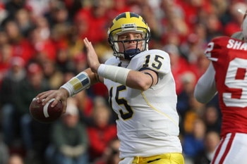 MADISON - NOVEMBER 10:  Ryan Mallett #15 of the Michigan Wolverines fades back to pass during the game against the Wisconsin Badgers at Camp Randall Stadium on November 10, 2007 in Madison, Wisconsin. (Photo by Jonathan Daniel/Getty Images)