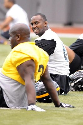 PITTSBURGH - MAY 03:  Fourth round draft pick Tony Hills #66 of the Pittsburgh Steelers talks with Nick Eason #93 during a rookie training camp at the Pittsburgh Steelers Training and Administrative Complex May 3, 2008 in Pittsburgh, Pennsylvania.  (Photo