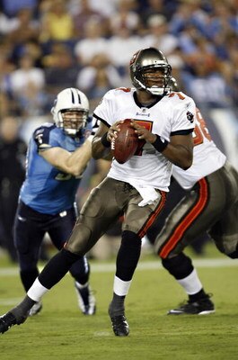 NASHVILLE, TN - AUGUST 15: Byron Leftwich #7 of the Tampa Bay Buccaneers drops back to pass against the Tennessee Titans during a preseason NFL game at LP Field on August 15, 2009 in Nashville, Tennessee. The Titans beat the Buccaneers 27-20. (Photo by Jo